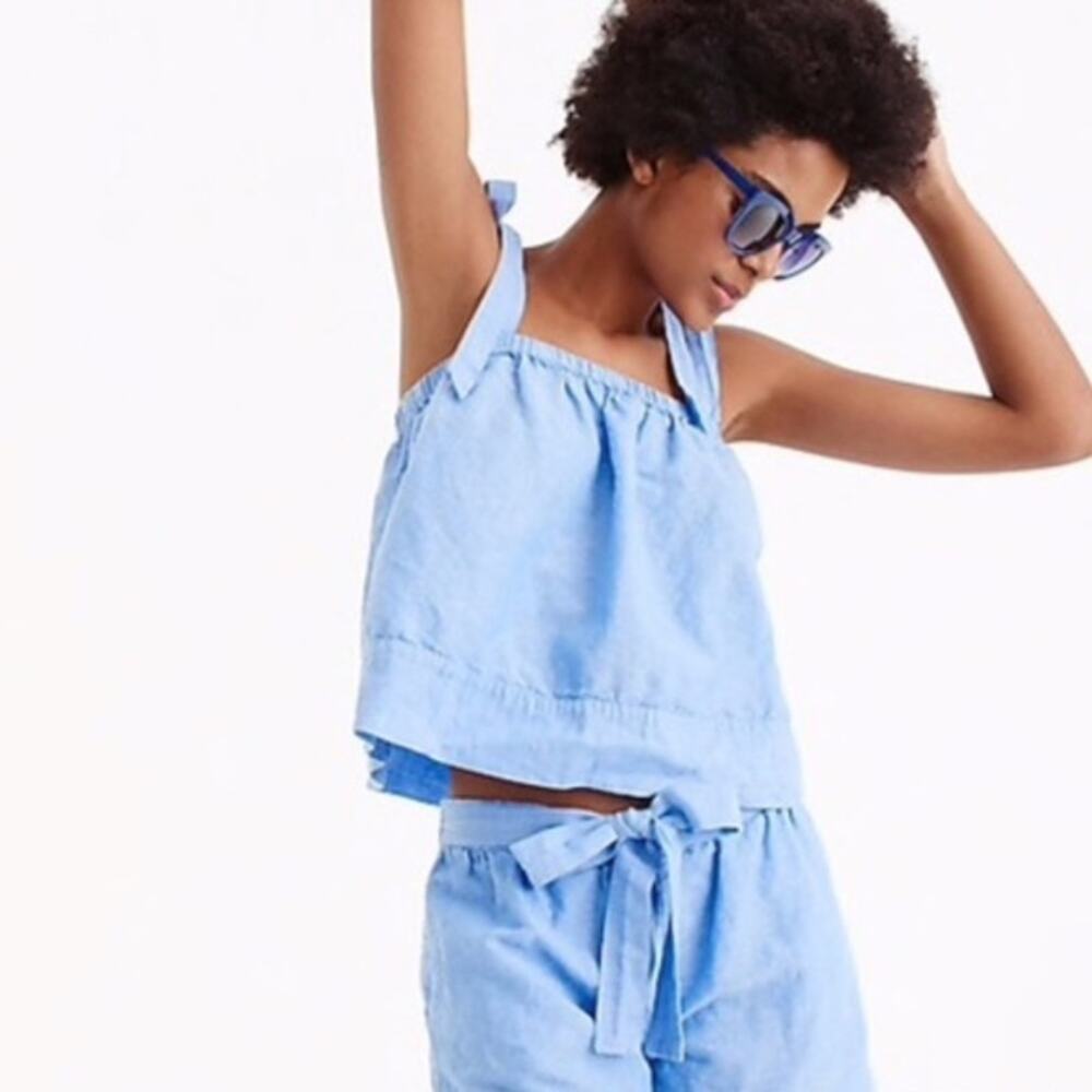 J. Crew Tie Shoulder Linen Top Women's Medium Chambray Blue